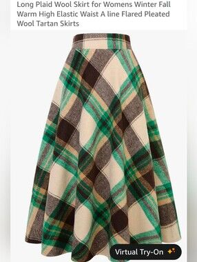 Green Plaid A-Line Wool-Blend Skirt by